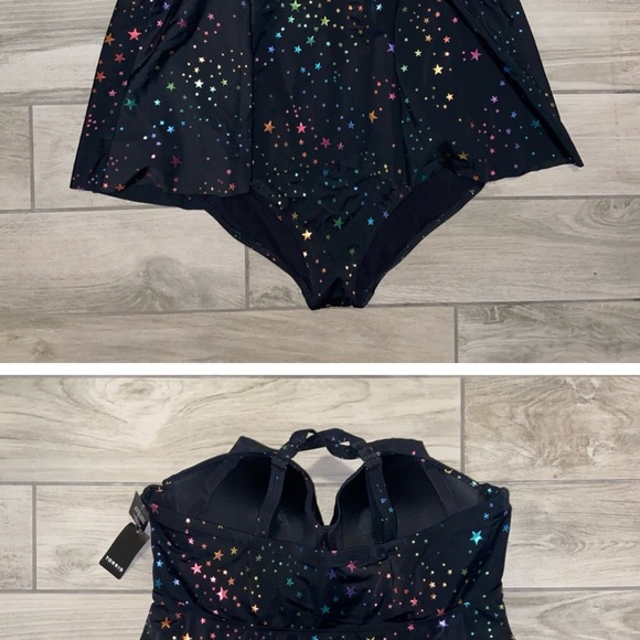 TORRID BLACK & RAINBOW STAR TWIST FRONT SWIMSUIT - Picture 2 of 3